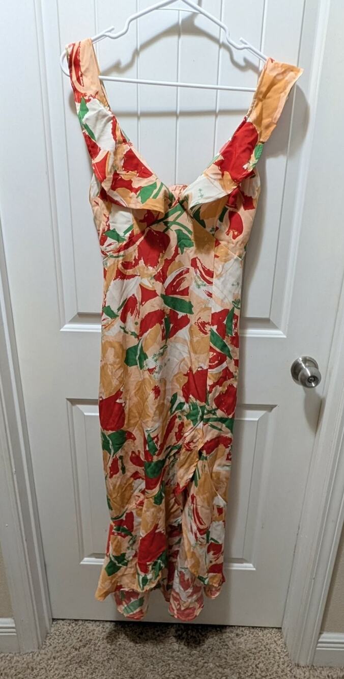 Womens S Floral Hawaiian Print Sleeveless Multicolor Slip Dress Ruffle Vacation